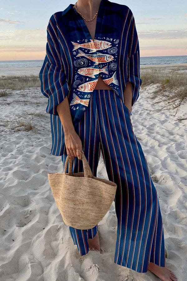 Zairine | Elegante linnen set met blauwe koi-print