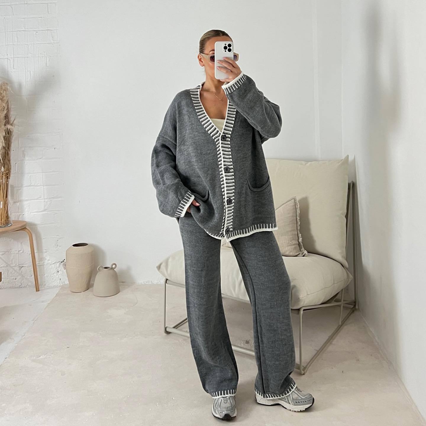 Julie - Gemütlicher Cardigan mit langen Ärmeln und weit geschnittene Hose Set