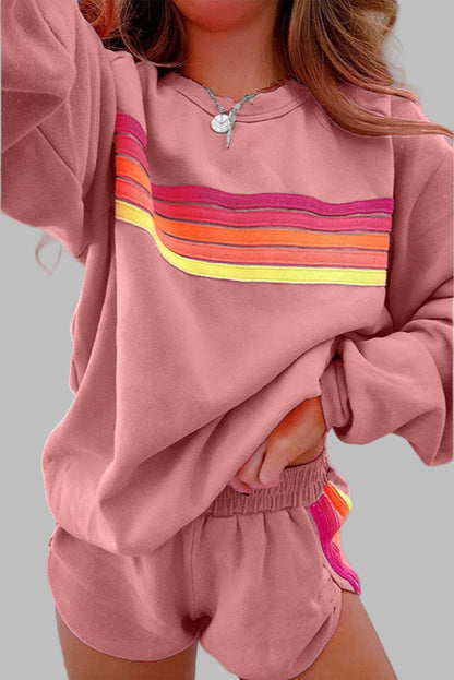 Beau - Bequemes gestreiftes Crew-Neck-Top und Shorts Schlafanzug-Set