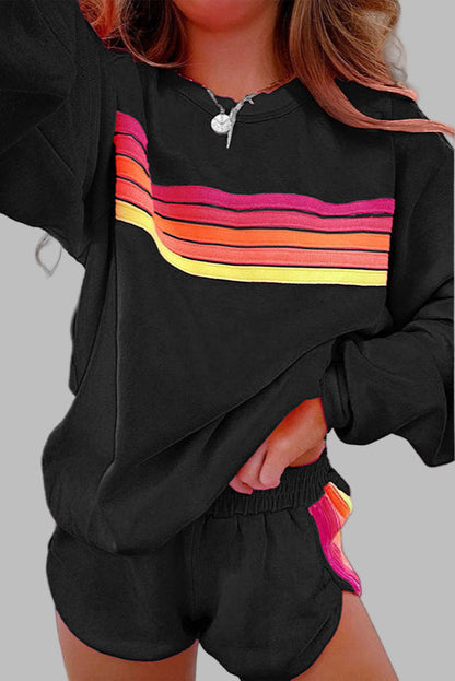 Beau - Bequemes gestreiftes Crew-Neck-Top und Shorts Schlafanzug-Set