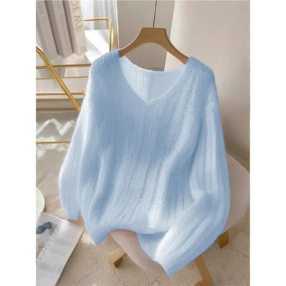 Blauer Langarm-Pullover ohne Muster