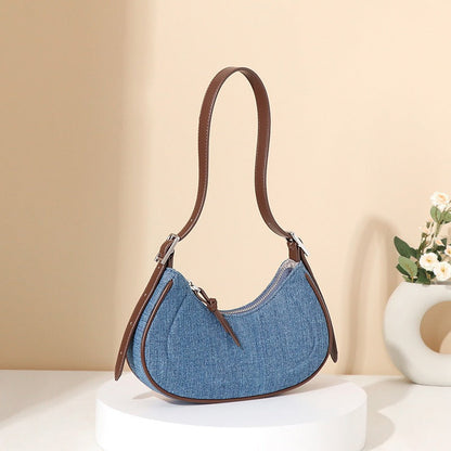 Denim schoudertas voor dames in halvemaanvorm - Elodie