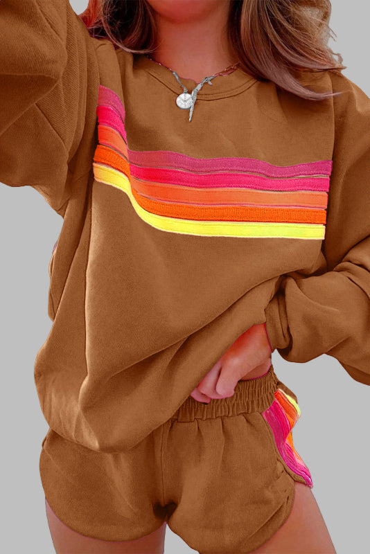 Beau - Bequemes gestreiftes Crew-Neck-Top und Shorts Schlafanzug-Set