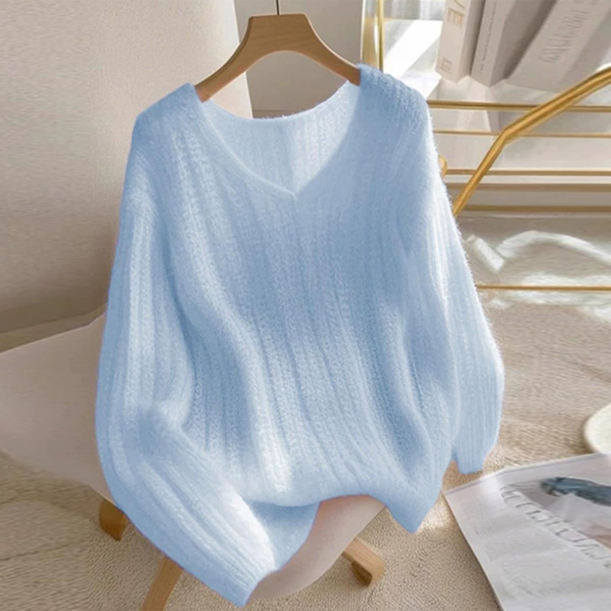 Blauer Langarm-Pullover ohne Muster