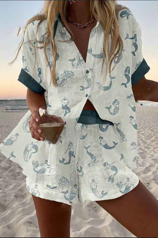 Jalira™ | Elegant linnen ensemble met zeemeerminnenprint