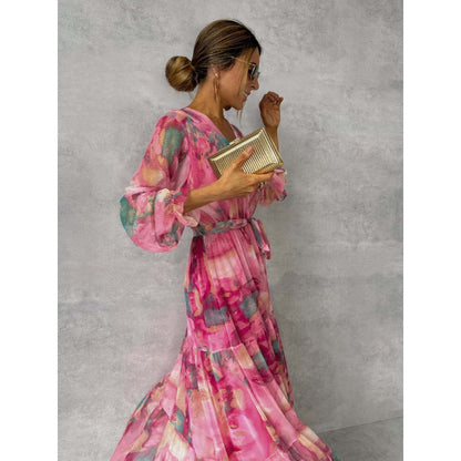 Trinity - Falten V-Ausschnitt Boho Maxikleid
