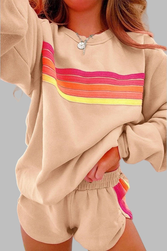 Beau - Bequemes gestreiftes Crew-Neck-Top und Shorts Schlafanzug-Set