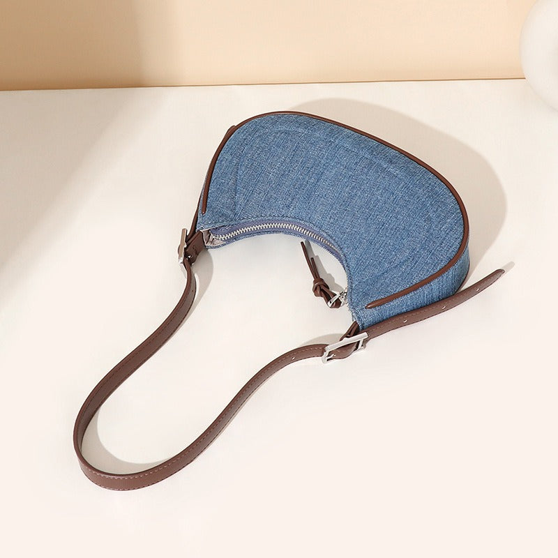 Denim schoudertas voor dames in halvemaanvorm - Elodie