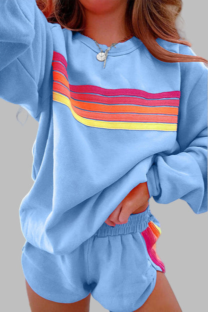 Beau - Bequemes gestreiftes Crew-Neck-Top und Shorts Schlafanzug-Set