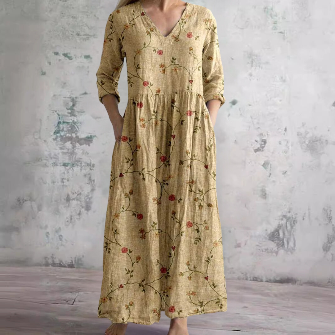 Elfenbein - Florales Boho Maxikleid