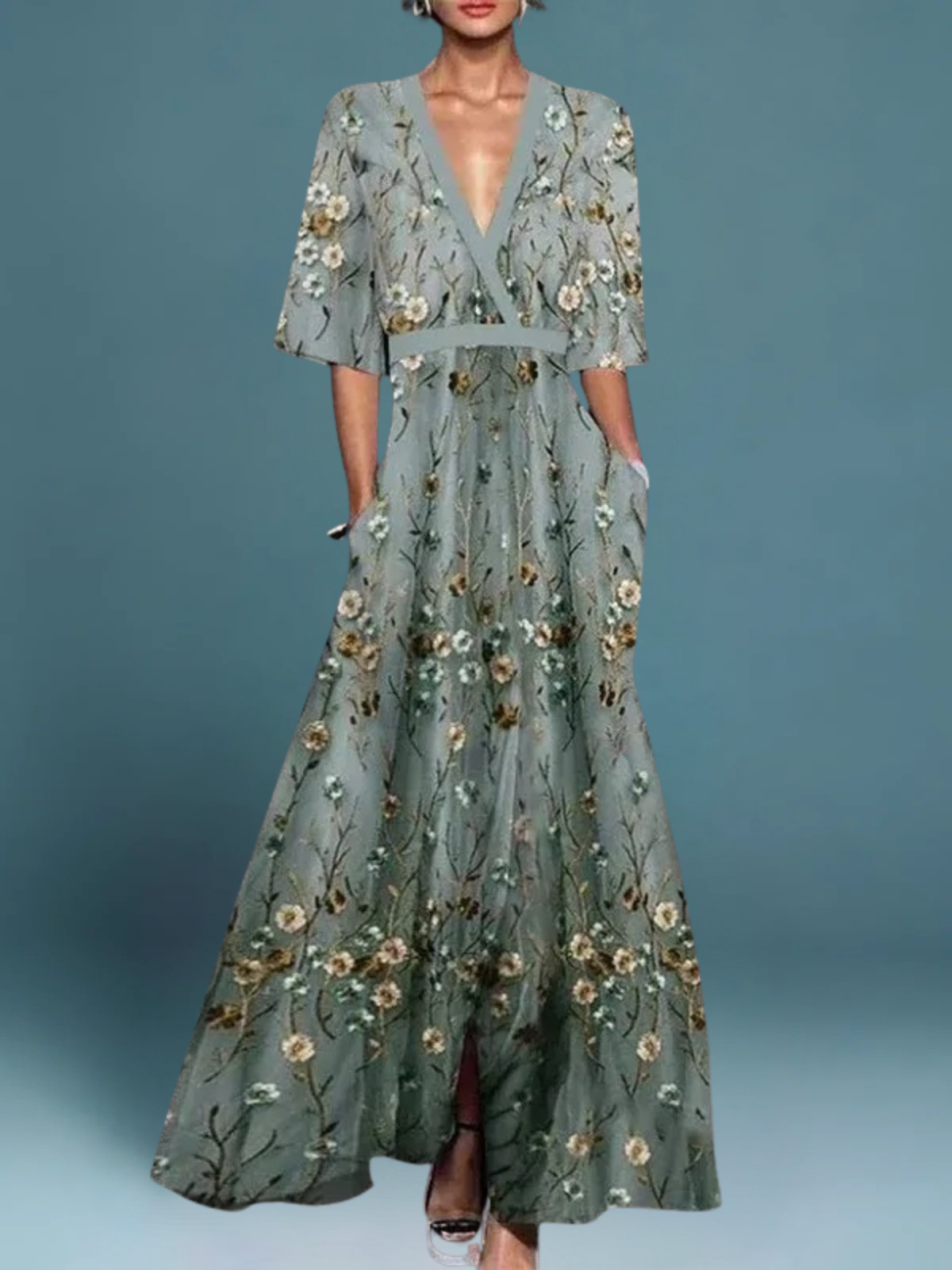 Lauren - Elegantes Blumen V-Ausschnitt Gürtel Boho Kleid