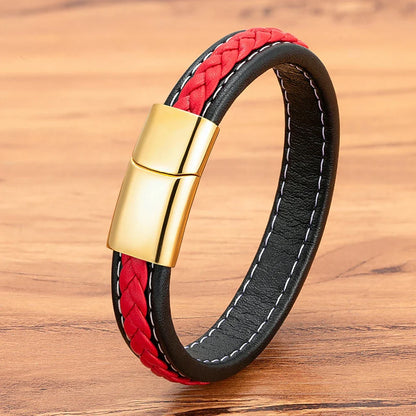 Valentia Zwart & Rood Gevlochten Leren Armband – Roestvrijstalen Bedel Juwelen Cadeau voor Mannen