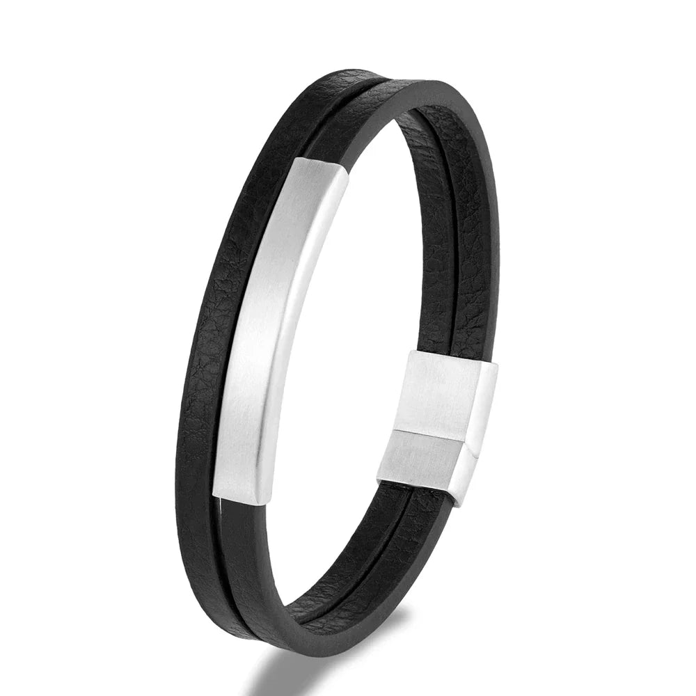 NoirBound Leren Armband – Dubbele Rij Handgemaakt Design met Matzwart Roestvrijstalen Sluiting, Strakke en Minimalistische Stijl voor Mannen