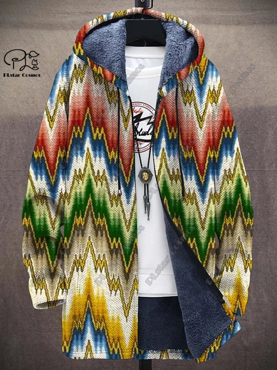 3D printed new winter hooded unisex retro geometric gradient art pattern plush thickened long-sleeved casual warm jacket DY-6