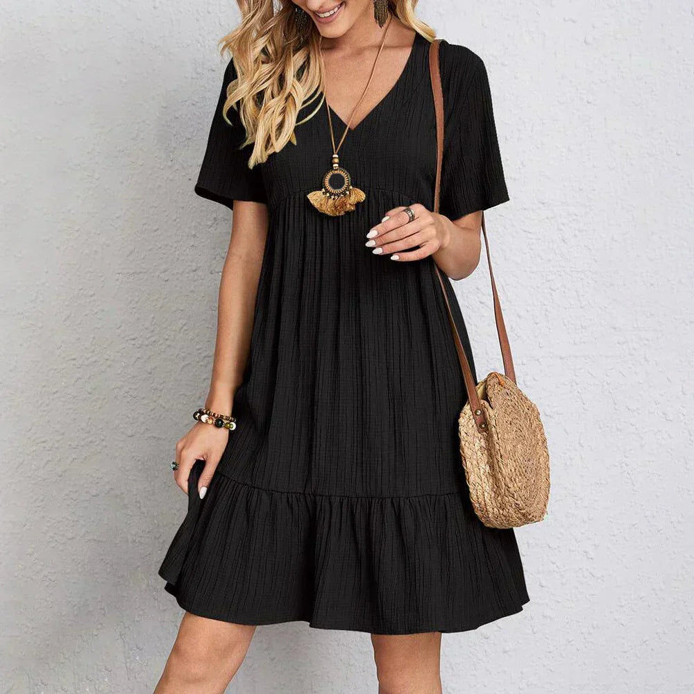 Audrey - Trendy Boho Minijurk met Rucheszoom