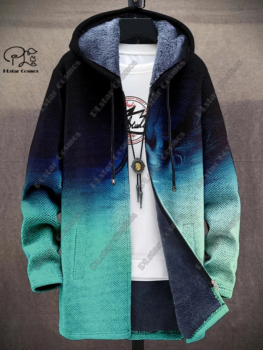 3D printed new winter hooded unisex retro geometric gradient art pattern plush thickened long-sleeved casual warm jacket DY-6