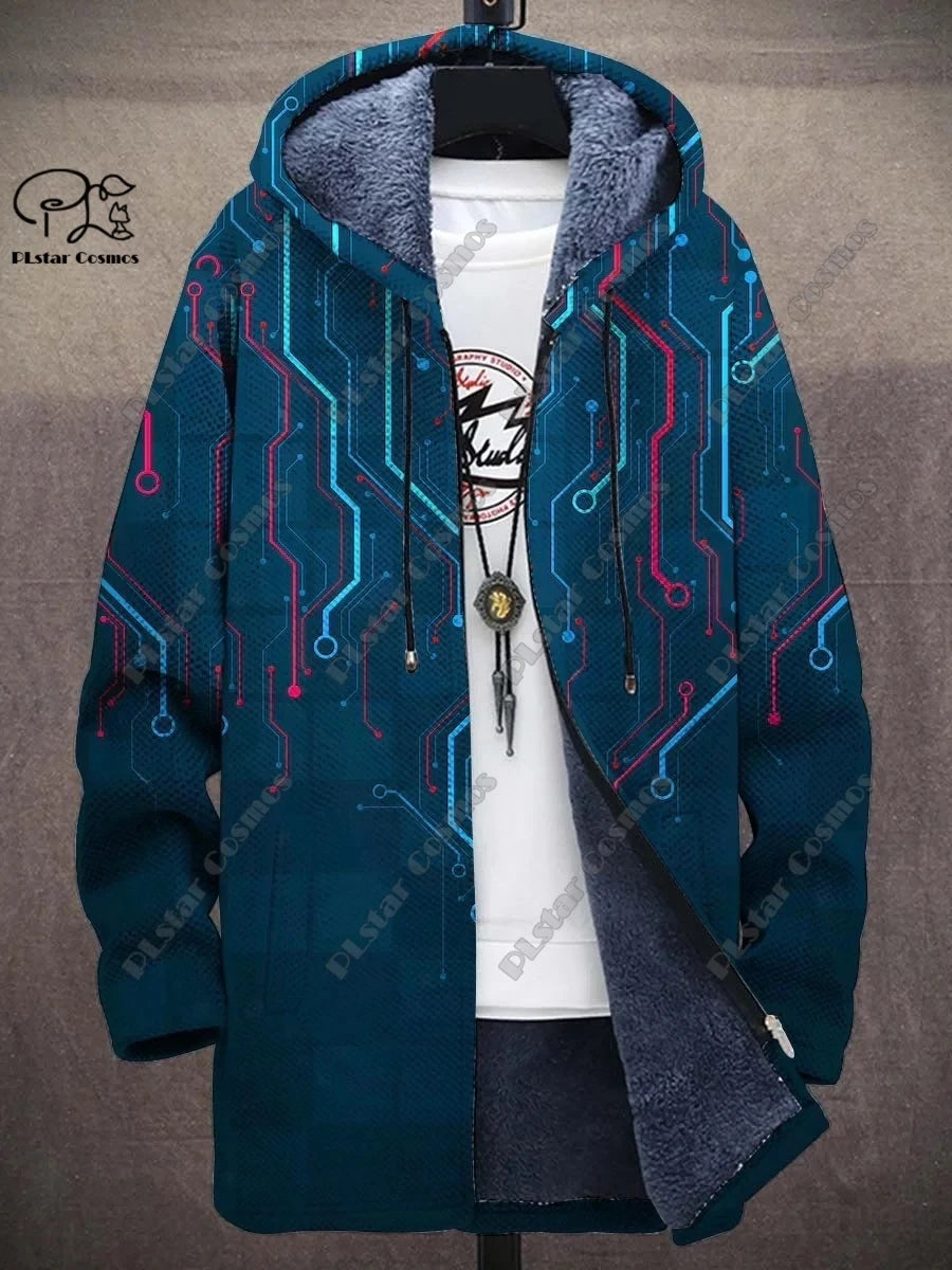 3D printed new winter hooded unisex retro geometric gradient art pattern plush thickened long-sleeved casual warm jacket DY-6