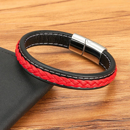 Valentia Zwart & Rood Gevlochten Leren Armband – Roestvrijstalen Bedel Juwelen Cadeau voor Mannen