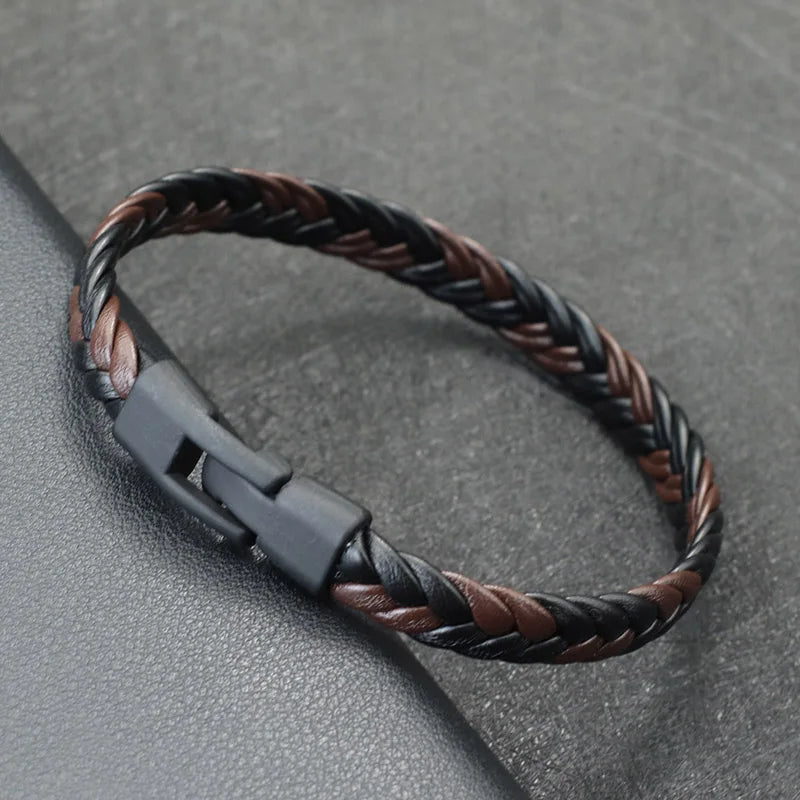 Elysian gevlochten lederen armband - roestvrijstalen gesp & meerlaagse wikkel voor heren