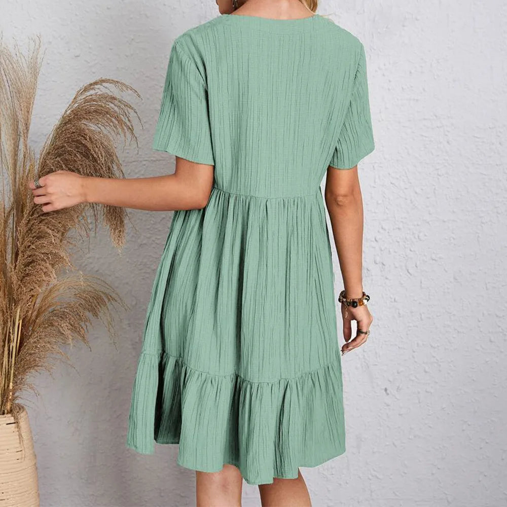 Audrey - Trendy Boho Minijurk met Rucheszoom