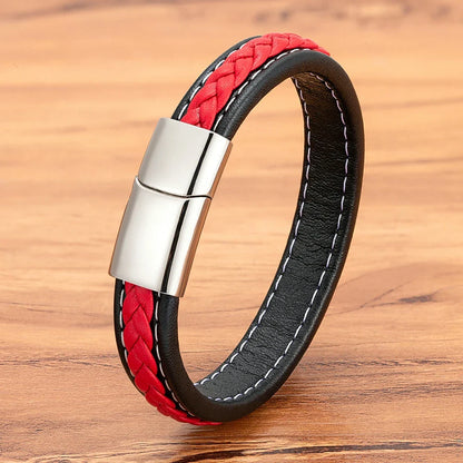 Valentia Zwart & Rood Gevlochten Leren Armband – Roestvrijstalen Bedel Juwelen Cadeau voor Mannen