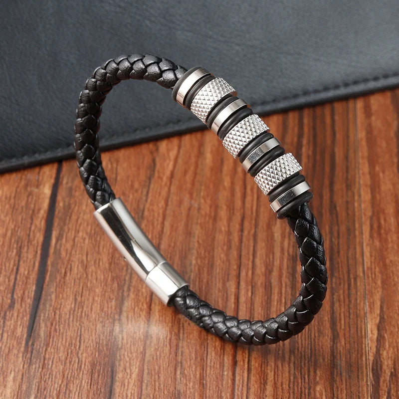 Ravenna Punk Leather Bracelet - Stainless Steel Beads & Braided Design for Men