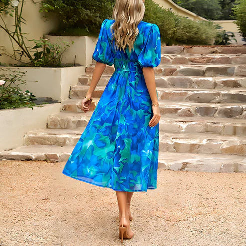Everly - Vintage Glam Midi-jurk met lantaarnmouwen