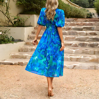 Everly - Vintage Glam Midi-jurk met lantaarnmouwen