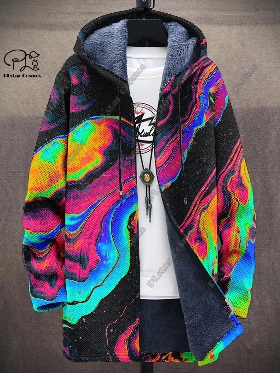 3D printed new winter hooded unisex retro geometric gradient art pattern plush thickened long-sleeved casual warm jacket DY-6