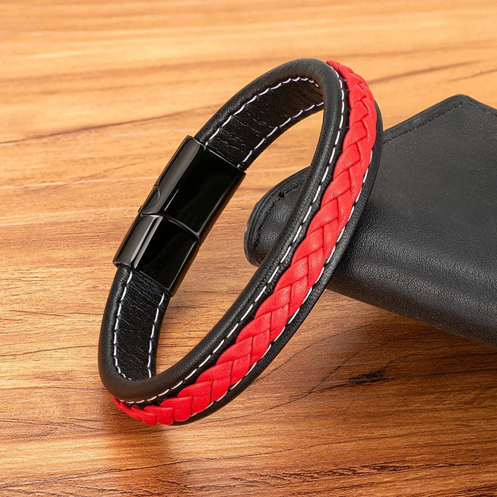 Valentia Zwart & Rood Gevlochten Leren Armband – Roestvrijstalen Bedel Juwelen Cadeau voor Mannen
