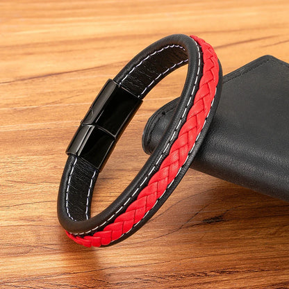 Valentia Zwart & Rood Gevlochten Leren Armband – Roestvrijstalen Bedel Juwelen Cadeau voor Mannen