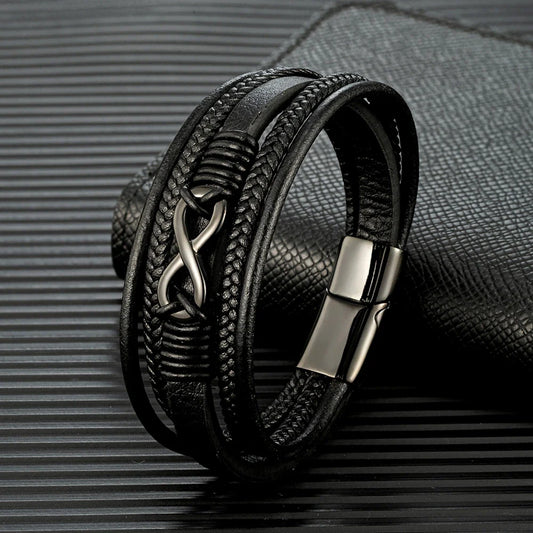 Eterna Gevlochten Leren Armband – Meerlagig Gevlochten Design met Zwart RVS, Klassieke Oneindigheidsstijl voor Heren