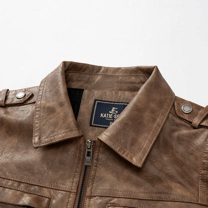 Frederik™ Raw – Braune Lederjacke mit Vintage-Struktur und breiten Schultern