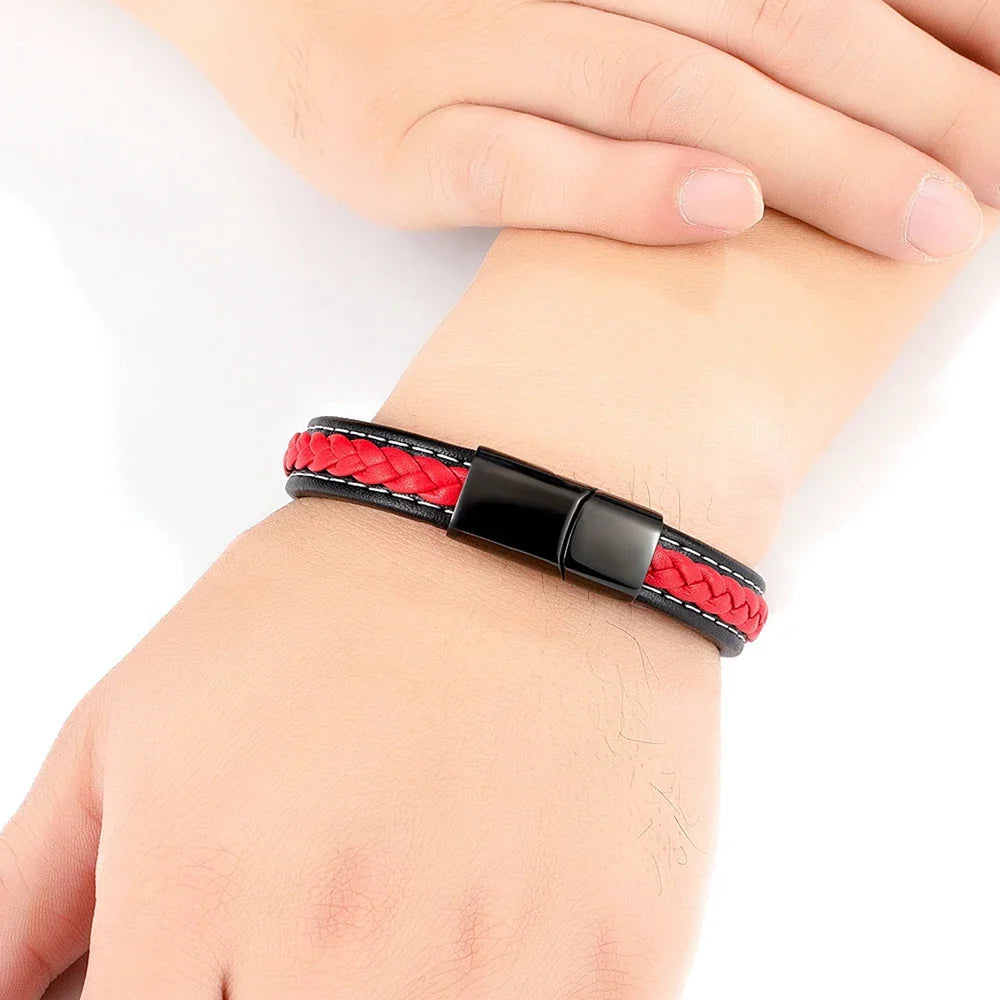 Valentia Zwart & Rood Gevlochten Leren Armband – Roestvrijstalen Bedel Juwelen Cadeau voor Mannen