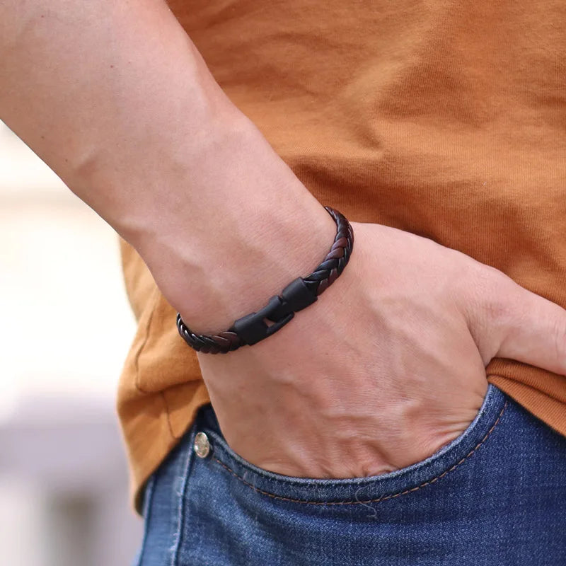 Elysian gevlochten lederen armband - roestvrijstalen gesp & meerlaagse wikkel voor heren