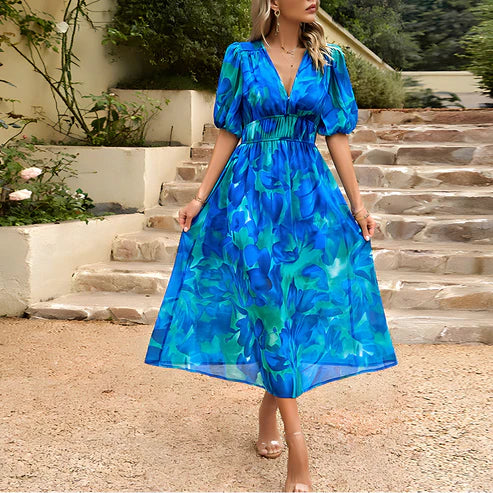 Everly - Vintage Glam Midi-jurk met lantaarnmouwen