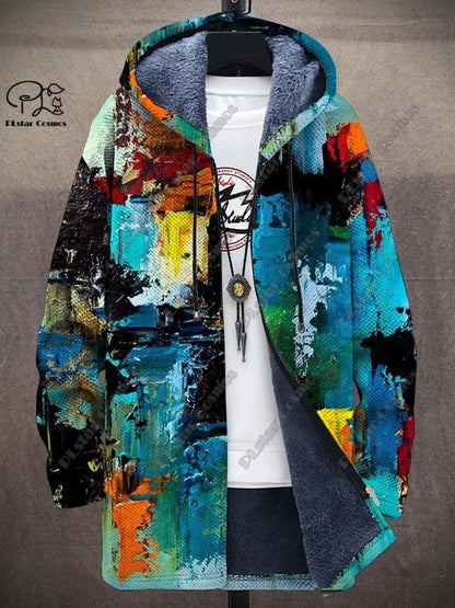 3D printed new winter hooded unisex retro geometric gradient art pattern plush thickened long-sleeved casual warm jacket DY-6