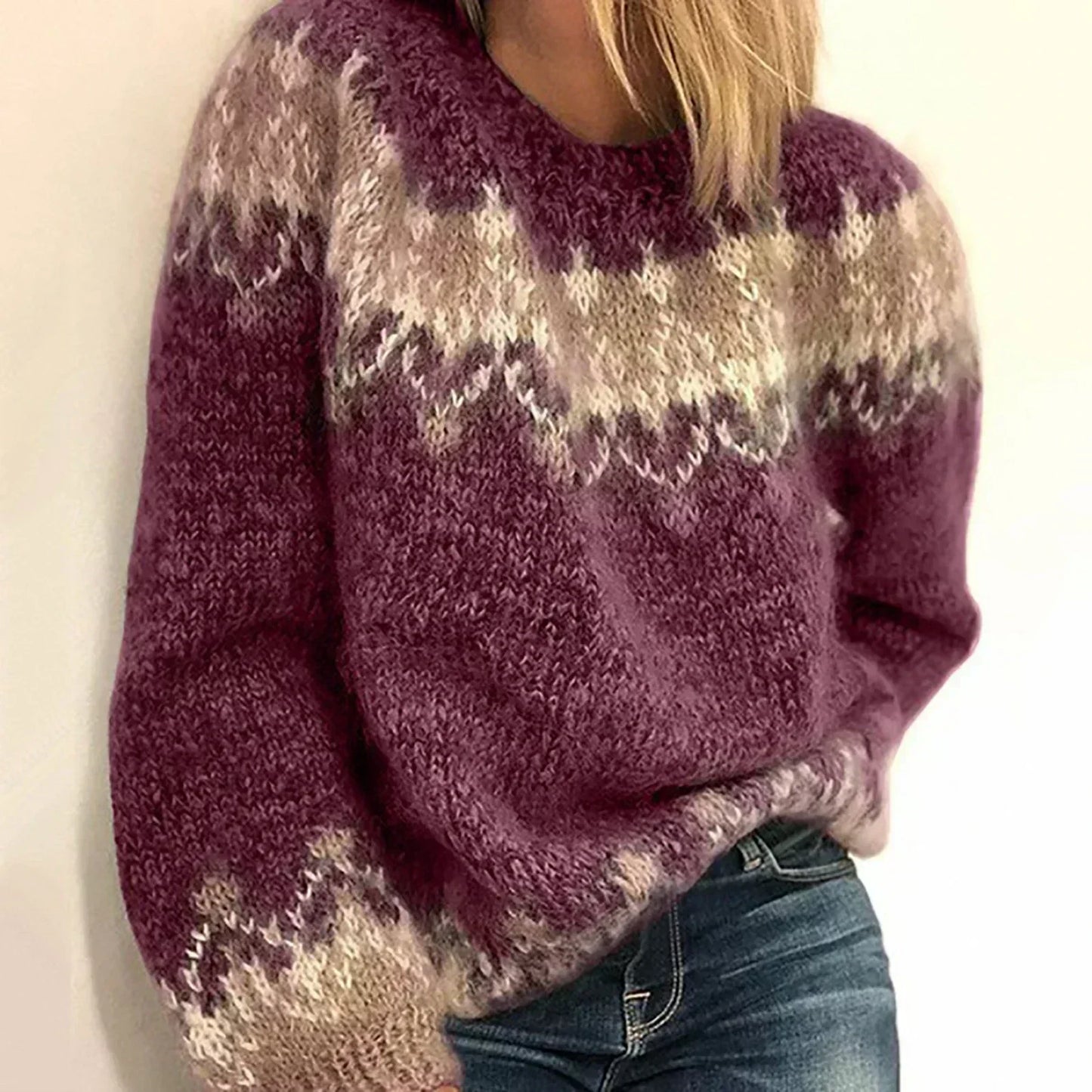 Kuschelig warme Jacquard mohair damesgebreide trui