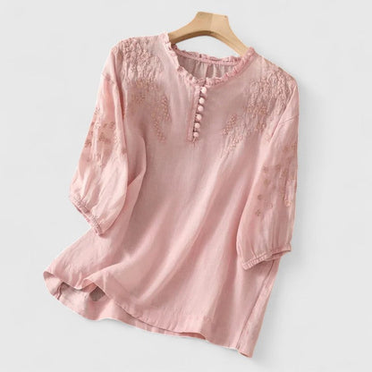 Janet™ – Embroidered Button-Front Blouse with Timeless Elegance