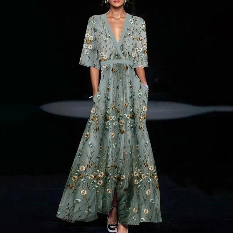 Ruby | Gürtelt V-Ausschnitt Blumenkleid