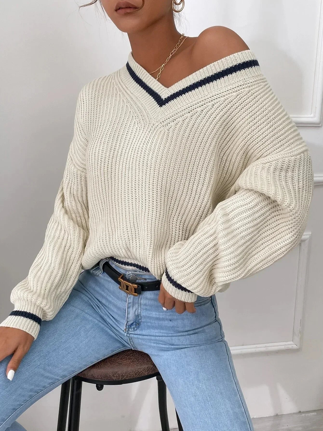 Marina | Gestreifter Waffelstrick-Pullover