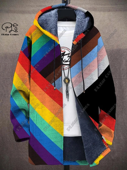 3D printed new winter hooded unisex retro geometric gradient art pattern plush thickened long-sleeved casual warm jacket DY-6