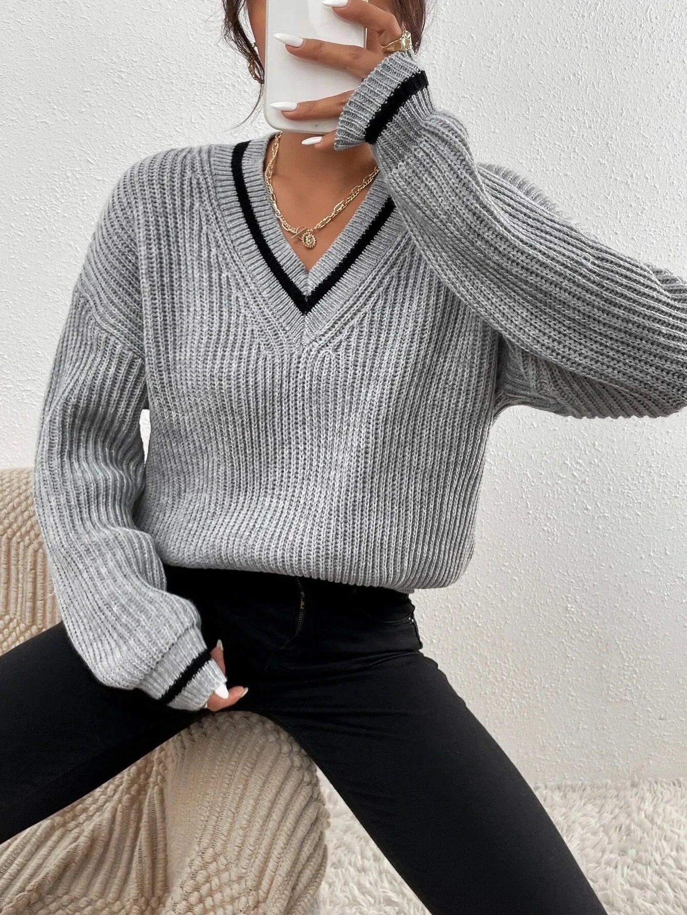 Marina | Gestreifter Waffelstrick-Pullover
