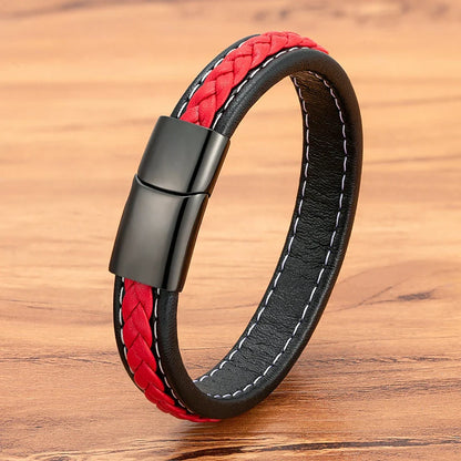Valentia Zwart & Rood Gevlochten Leren Armband – Roestvrijstalen Bedel Juwelen Cadeau voor Mannen