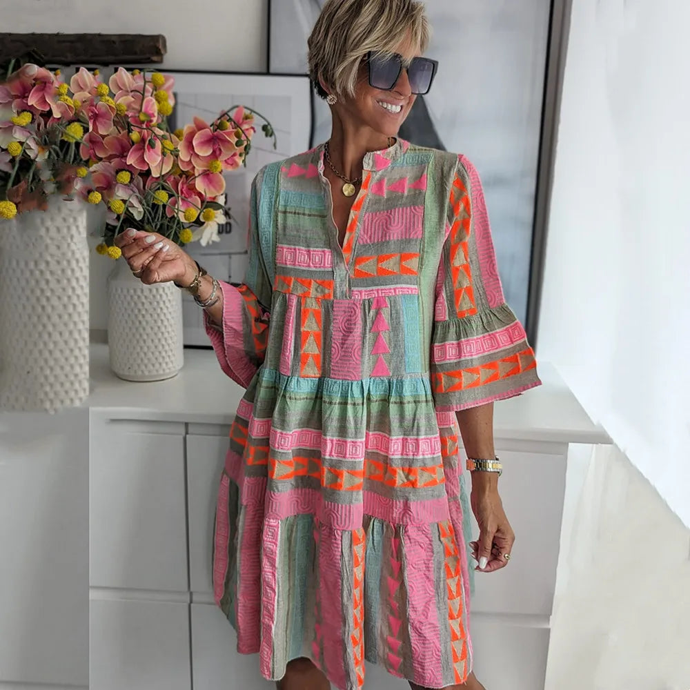 Pauline™ – Boho Tiered Swing Midi Dress