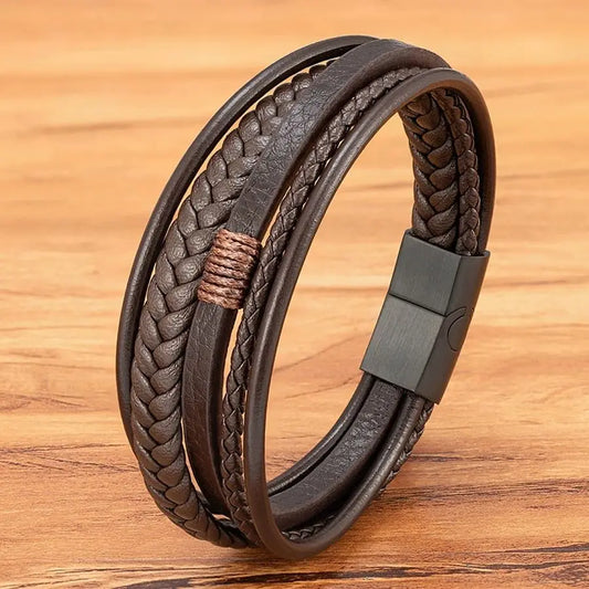 Casilinum Gevlochten Leren Armband – Luxe Meerlaagse Magnetische Bangle voor Mannen