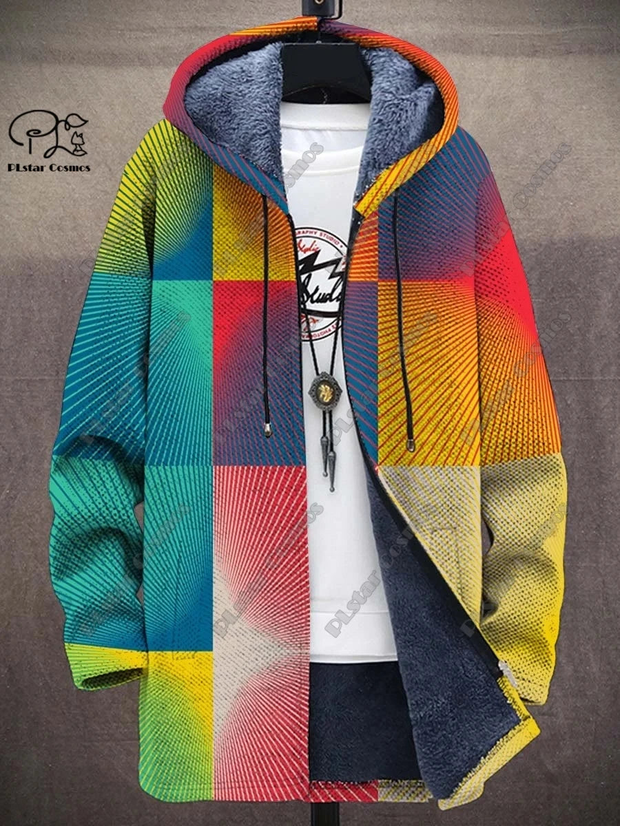 3D printed new winter hooded unisex retro geometric gradient art pattern plush thickened long-sleeved casual warm jacket DY-6