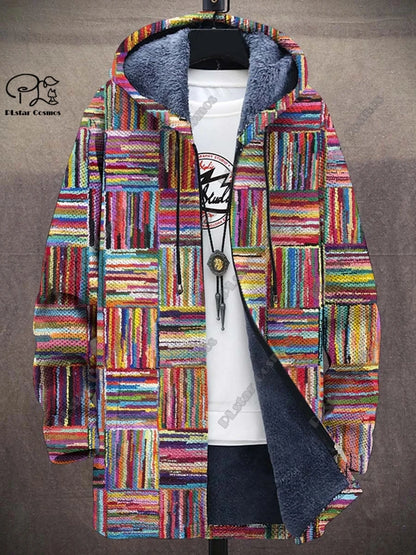 3D printed new winter hooded unisex retro geometric gradient art pattern plush thickened long-sleeved casual warm jacket DY-6