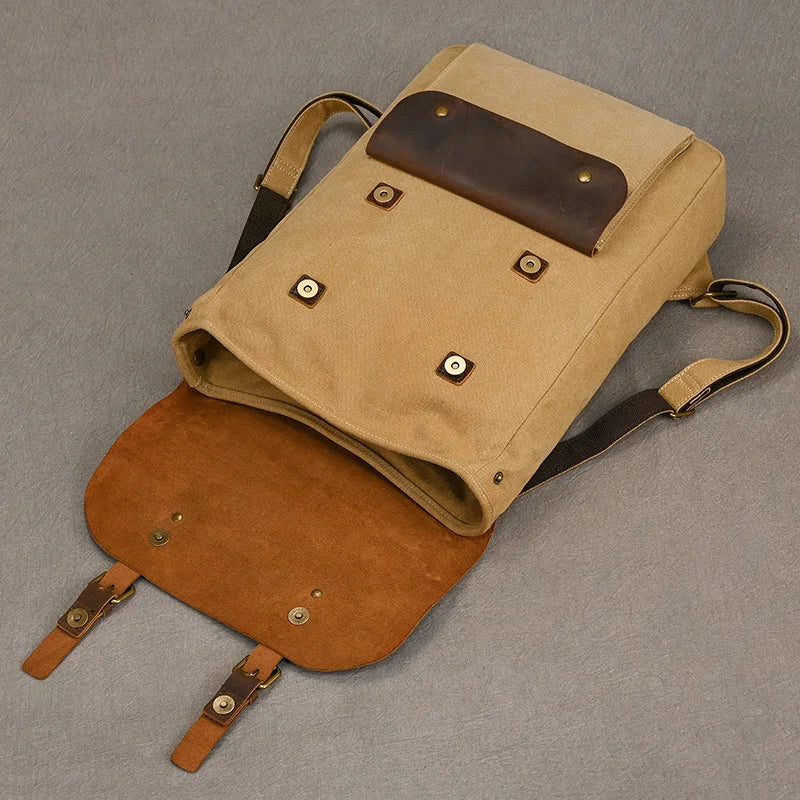 Echte lederen en canvas rugzak | Vintage College Laptop Rugzak