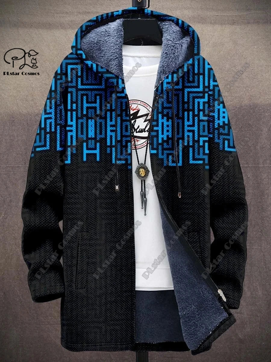 3D printed new winter hooded unisex retro geometric gradient art pattern plush thickened long-sleeved casual warm jacket DY-6